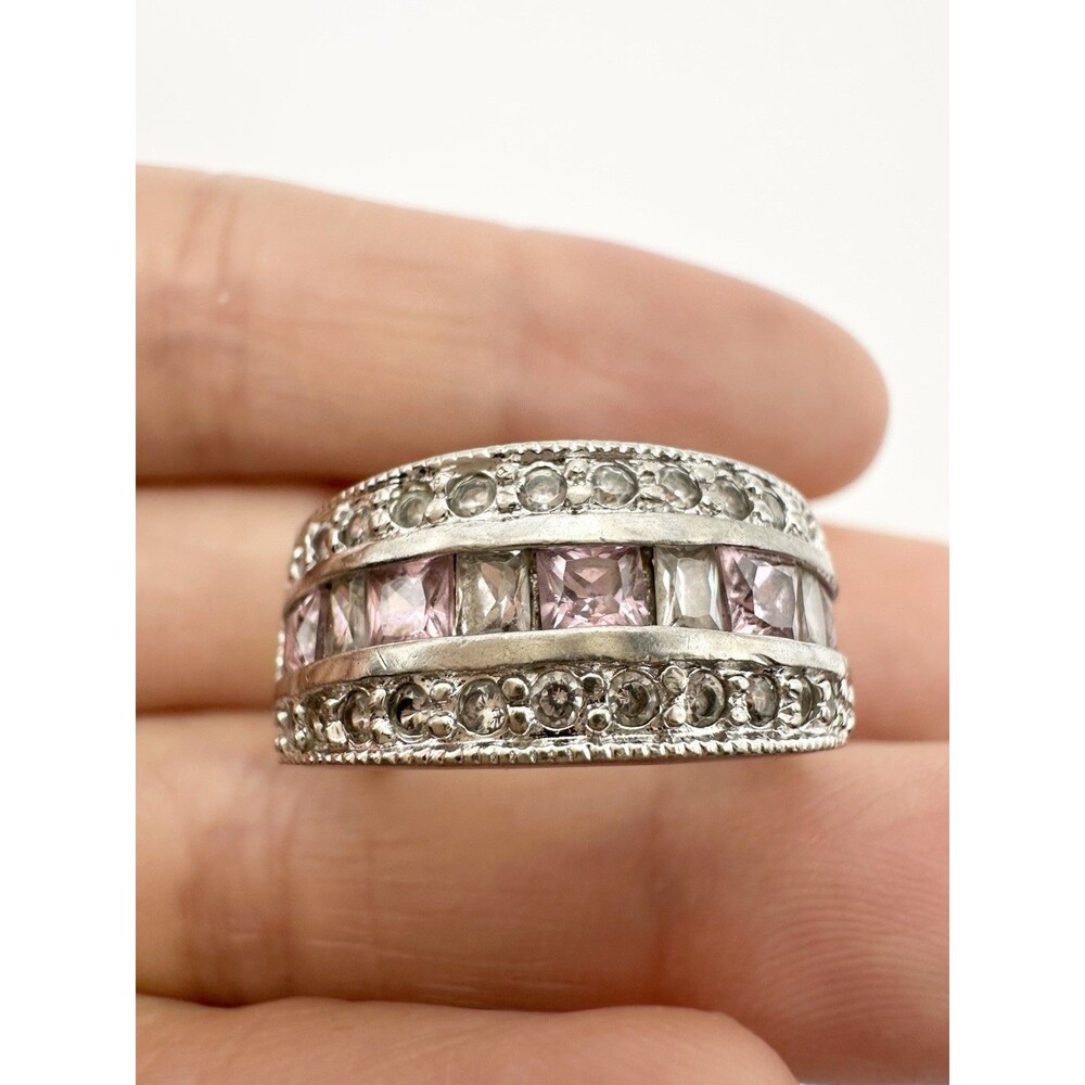 Vintage FAS 925 Sterling Silver Pink Ice CZ Ring Signed Retro Size 7